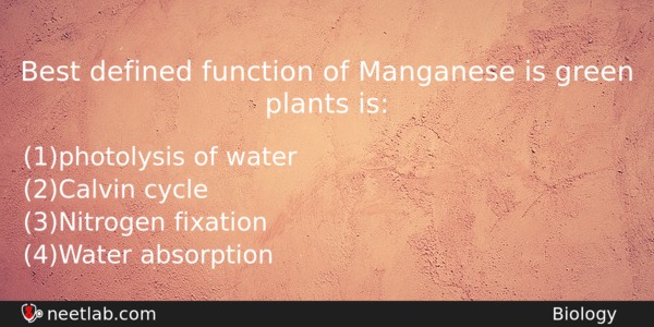 Best Defined Function Of Manganese Is Green Plants Is Biology Question 