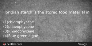Floridian Starch Is The Stored Food Material In Biology Question