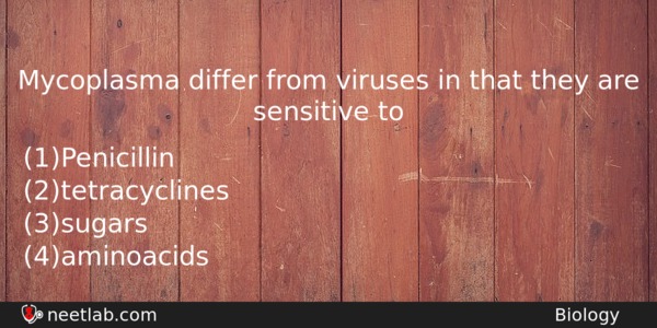 Mycoplasma Differ From Viruses In That They Are Sensitive To Biology Question 