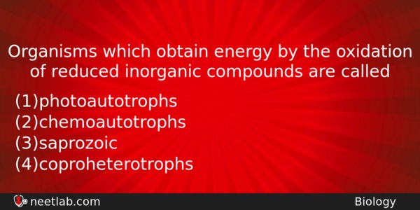 Organisms Which Obtain Energy By The Oxidation Of Reduced Inorganic Biology Question 