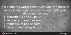 Six Elements Which Constitues 98 Of The Mass Of Every Biology Question