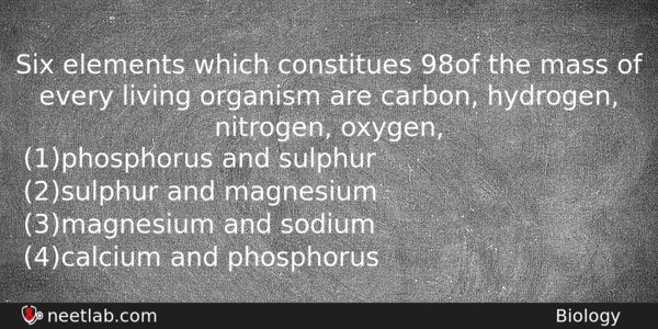 Six Elements Which Constitues 98 Of The Mass Of Every Biology Question 