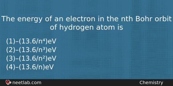 The Energy Of An Electron In The Nth Bohr Orbit Chemistry Question 