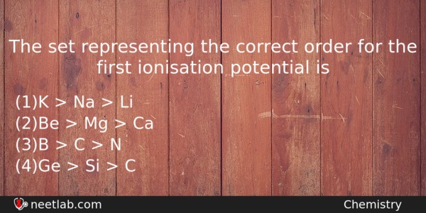 The Set Representing The Correct Order For The First Ionisation Chemistry Question 