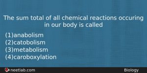 The Sum Total Of All Chemical Reactions Occuring In Our Biology Question