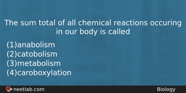The Sum Total Of All Chemical Reactions Occuring In Our Biology Question 