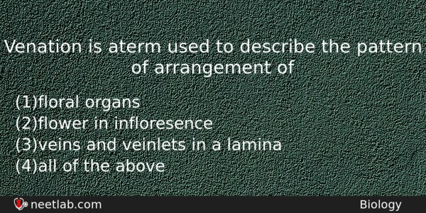 Venation Is Aterm Used To Describe The Pattern Of Arrangement Biology Question 