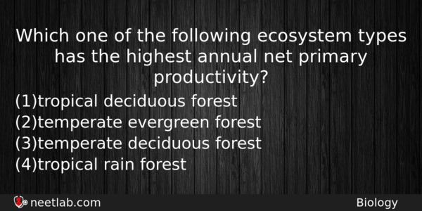 Which One Of The Following Ecosystem Types Has The Highest Biology Question 