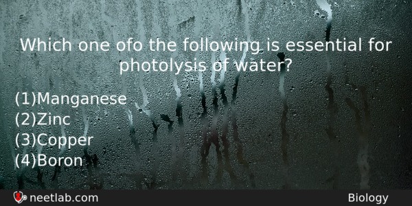 Which One Ofo The Following Is Essential For Photolysis Of Biology Question 