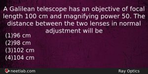 A Galilean Telescope Has An Objective Of Focal Length 100 Physics Question