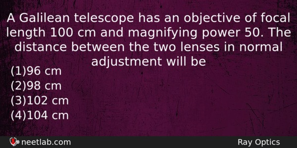 A Galilean Telescope Has An Objective Of Focal Length 100 Physics Question 