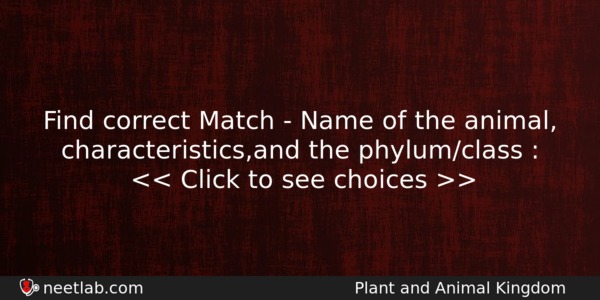 Find Correct Match Name Of The Animal Characteristicsand The Biology Question 