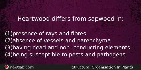 Heartwood Differs From Sapwood In Biology Question 