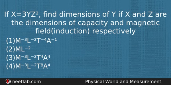 If X3yz Find Dimensions Of Y If X And Z Physics Question 