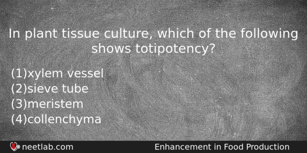 In Plant Tissue Culture Which Of The Following Shows Totipotency Biology Question 