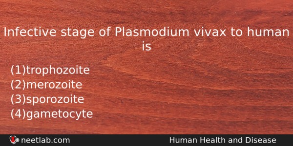Infective Stage Of Plasmodium Vivax To Human Is Biology Question 