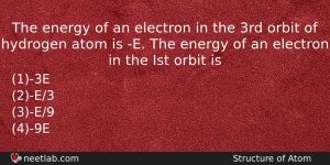 The Energy Of An Electron In The 3rd Orbit Of Chemistry Question