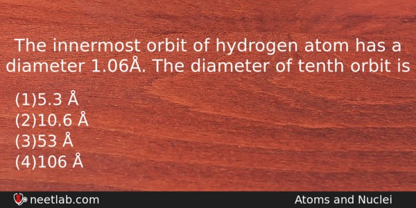 The Innermost Orbit Of Hydrogen Atom Has A Diameter 106 Physics Question 