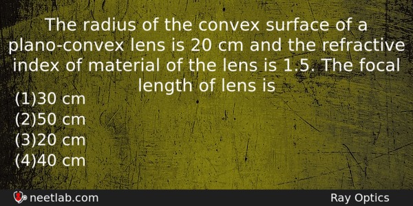The Radius Of The Convex Surface Of A Planoconvex Lens Physics Question 