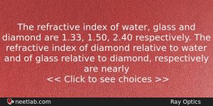 The Refractive Index Of Water Glass And Diamond Are 133 Physics Question
