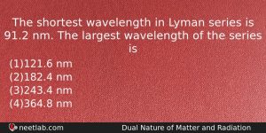 The Shortest Wavelength In Lyman Series Is 912 Nm The Physics Question