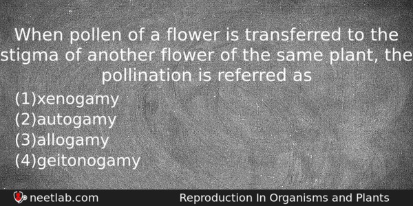 When Pollen Of A Flower Is Transferred To The Stigma Question 