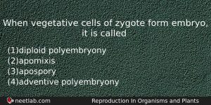 When Vegetative Cells Of Zygote Form Embryo It Is Called Biology Question