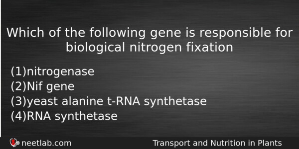 Which Of The Following Gene Is Responsible For Biological Nitrogen Biology Question 