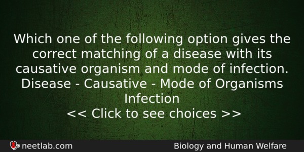 Which One Of The Following Option Gives The Correct Matching Biology Question 