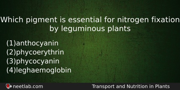 Which Pigment Is Essential For Nitrogen Fixation By Leguminous Plants Biology Question 