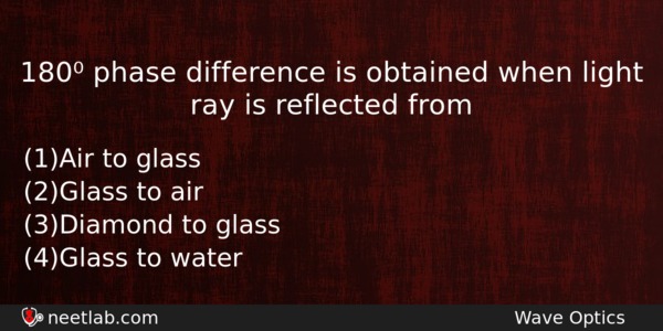 180 Phase Difference Is Obtained When Light Ray Is Reflected Physics Question 
