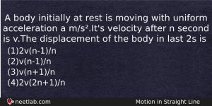 A Body Initially At Rest Is Moving With Uniform Acceleration Physics Question