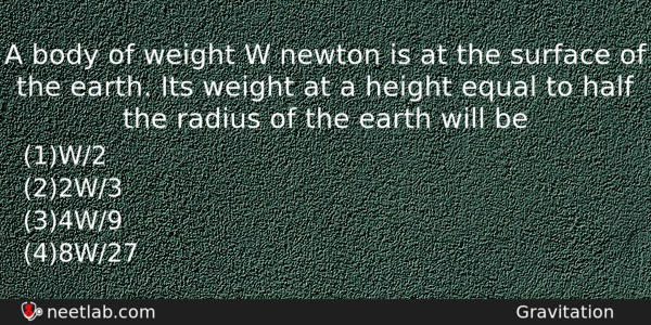 A Body Of Weight W Newton Is At The Surface Physics Question 