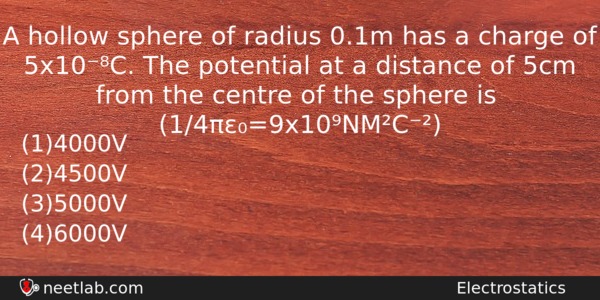 A Hollow Sphere Of Radius 01m Has A Charge Of Physics Question 
