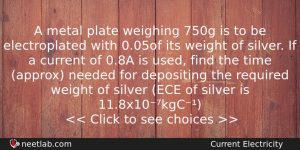 A Metal Plate Weighing 750g Is To Be Electroplated With Physics Question