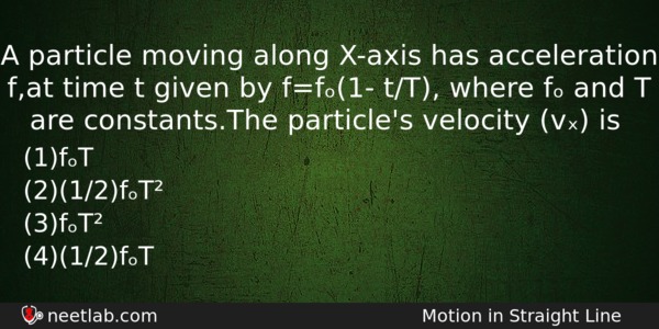 A Particle Moving Along Xaxis Has Acceleration Fat Time T Physics Question 
