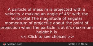 A Particle Of Mass M Is Projected With A Velocity Physics Question