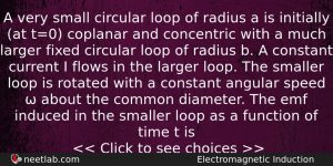 A Very Small Circular Loop Of Radius A Is Initially Physics Question