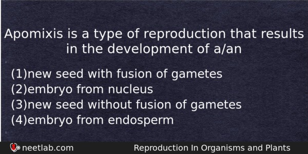 Apomixis Is A Type Of Reproduction That Results In The Biology Question 