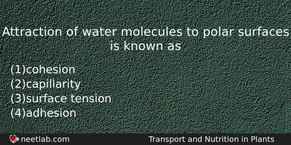 Attraction Of Water Molecules To Polar Surfaces Is Known As Biology Question 