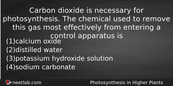 Carbon Dioxide Is Necessary For Photosynthesis The Chemical Used To Biology Question 