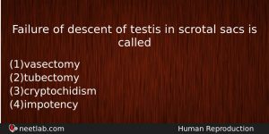 Failure Of Descent Of Testis In Scrotal Sacs Is Called Biology Question