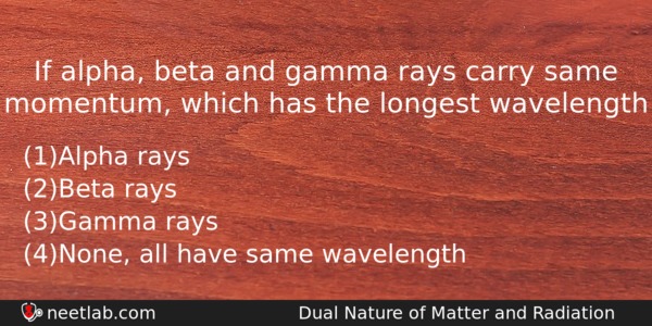 If Alpha Beta And Gamma Rays Carry Same Momentum Which Physics Question 