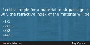 If Critical Angle For A Material To Air Passage Is Physics Question