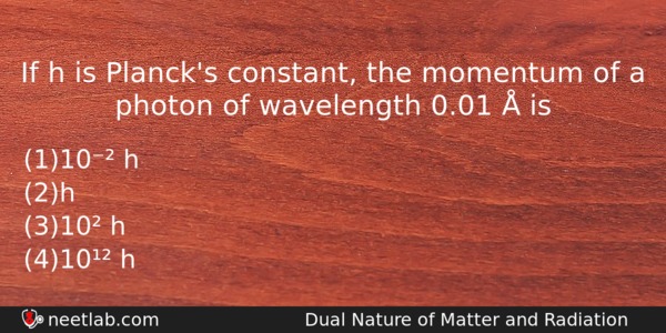 If H Is Planck S Constant The Momentum Of A Photon Of Wavelength 0 01 A Is Neetlab