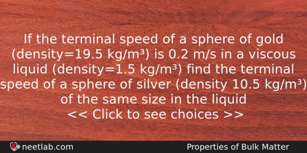 If The Terminal Speed Of A Sphere Of Gold Density195 Physics Question 
