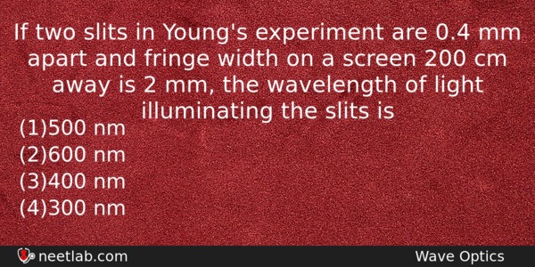If Two Slits In Youngs Experiment Are 04 Mm Apart Physics Question 