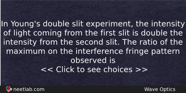 In Youngs Double Slit Experiment The Intensity Of Light Coming Physics Question 