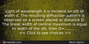 Light Of Wavelength Is Incident On Slit Of Width Physics Question