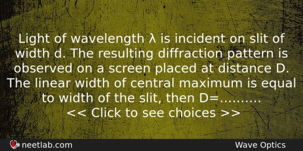 Light Of Wavelength Is Incident On Slit Of Width Physics Question 